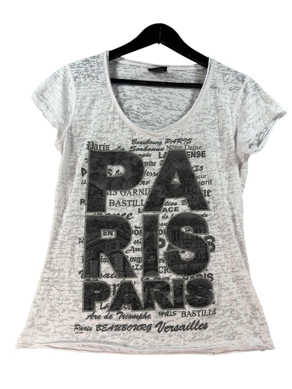 Safon Women’s XL Paris Graphic Burnout T-Shirt White Gray Short Sleeve